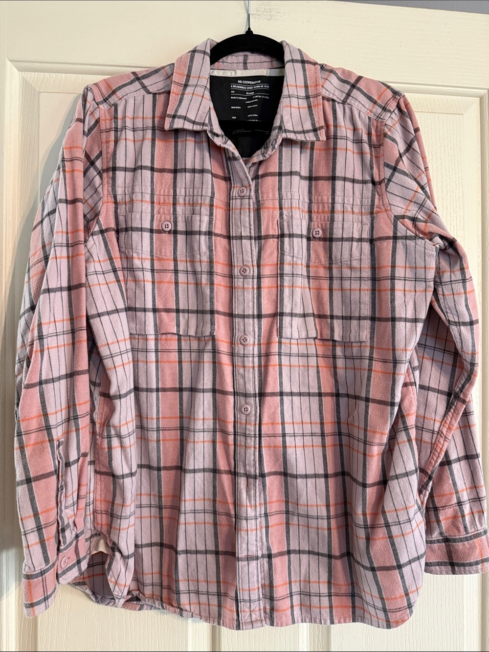 REI Pink and Gray Plaid Soft Flannel Button-Down Shirt